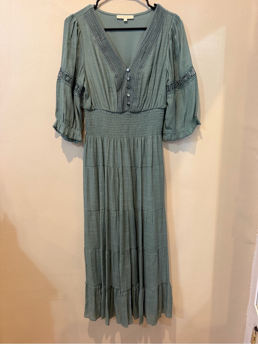 Sage Green Smocked Waist Maxi Dress with Lace Trim